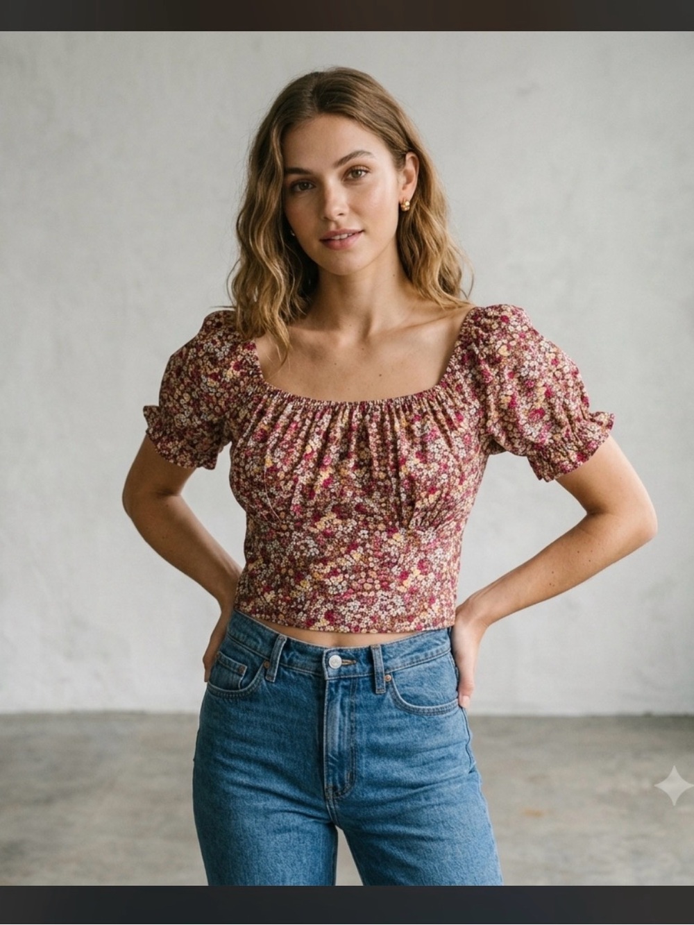 Fairycore Sim & Sam floral crop top with puff sleeves size XL EUC
